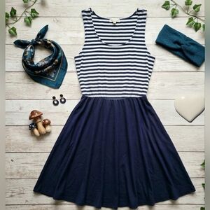Nautical Navy White Striped Fit & Flare Summer Spring Flowy Dress Medium